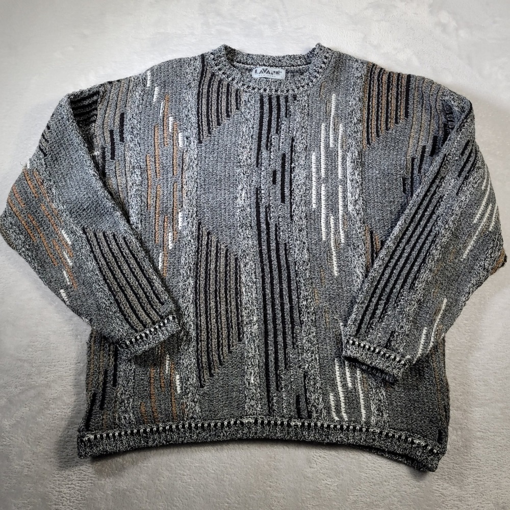 Lavane Sweater Mens Large Gray Vintage 90s 3D Knit Style Crewneck Cosby Dad